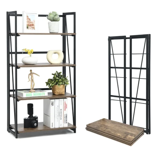 4-Tier Opvouwbare Boekenplank Montagevrije Houten Plank Met Metalen Frame Industriële Wand Boekenplank Plantenstandaard Bruin