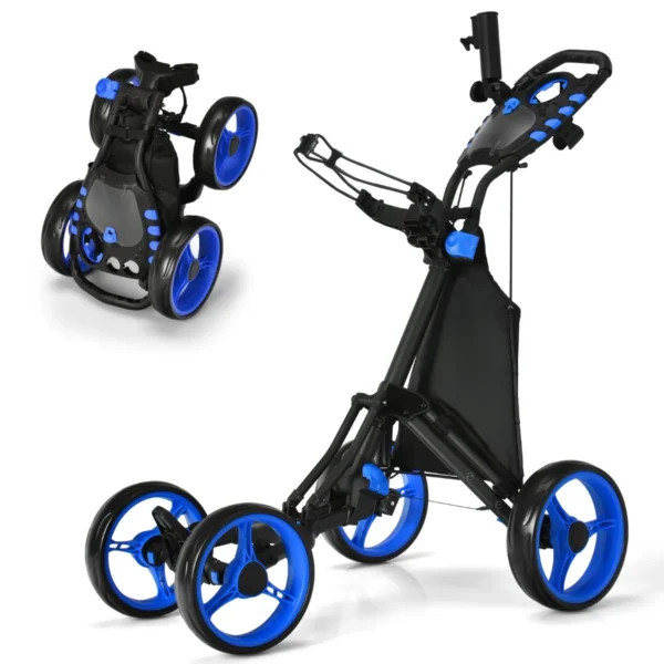 4-Wiel Golftrolley Opvouwbare Golftrolley Aluminium Golftrolley Golftrolley Met Parapluhouder Teehouder En Opbergtas-Blauw