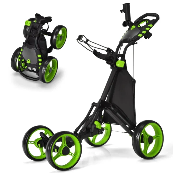 4-Wiel Golftrolley Opvouwbare Golftrolley Aluminium Golftrolley Golftrolley Met Parapluhouder Teehouder En Opbergtas-Groen