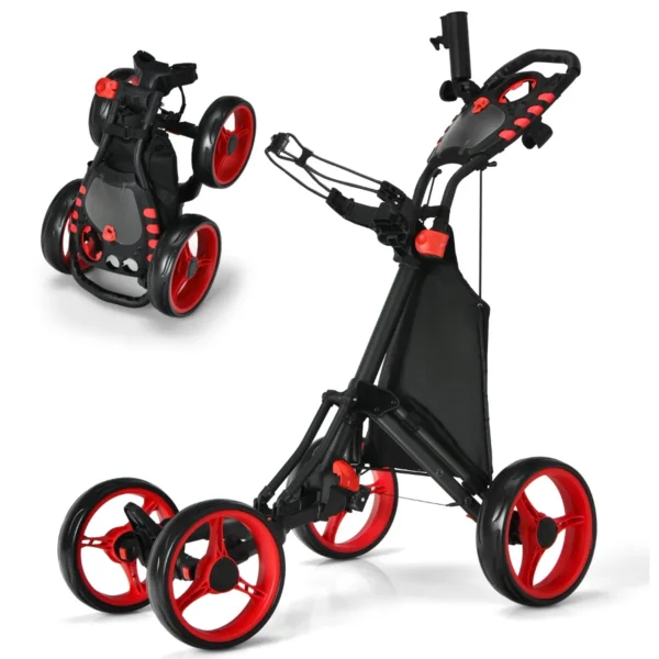 4-Wiel Golftrolley Opvouwbare Golftrolley Aluminium Golftrolley Golftrolley Met Parapluhouder Teehouder En Opbergtas-Rood