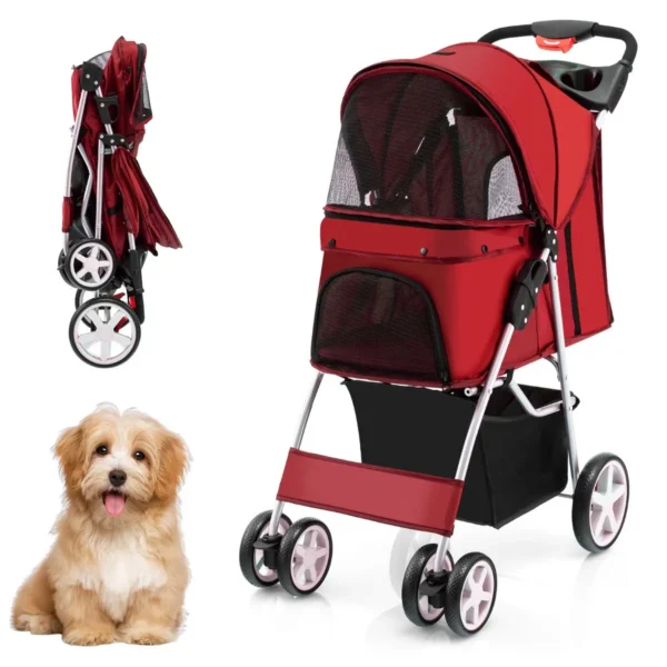 4-Wiel Opvouwbare Honden- En Kattenwagen Hondenwagen Huisdierbuggy Tot 15 Kg Met Netvensters/Bekerhouders/Aanhangers Rood