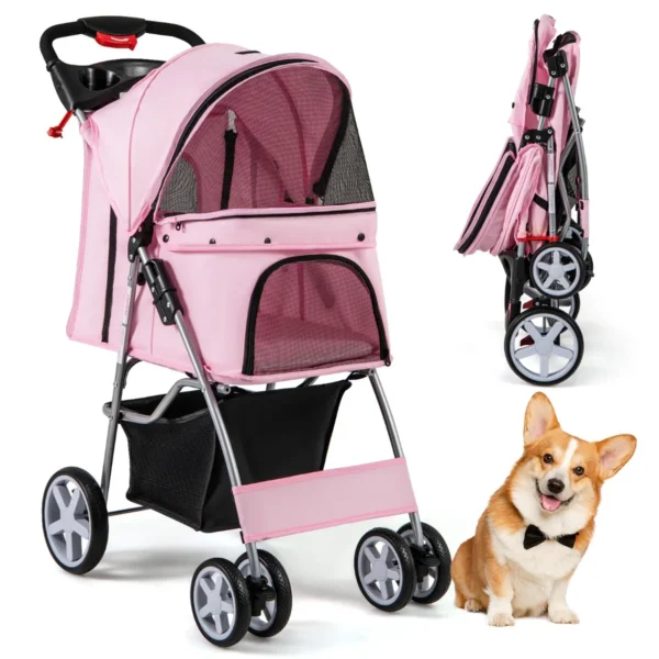 4-Wiel Opvouwbare Honden- En Kattenwagen Hondenwagen Huisdierbuggy Tot 15 Kg Met Netvensters/Bekerhouders/Aanhangers-Roze