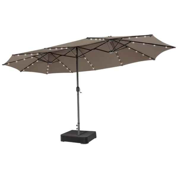 470 X 280 Cm Dubbele Tuinparasol Met 48 LED's Op Zonne-Energie Extra Grote Parasol Met Zelfopladend Zonnepaneel Koffie