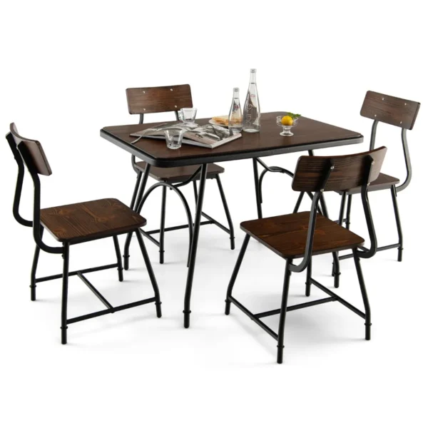5 Delig Eettafel Set Rechthoekige Keukentafel & 4 Stoelen Voor 4 Personen Industriële Stijl Eettafel Set Met Metalen Frame Bruin
