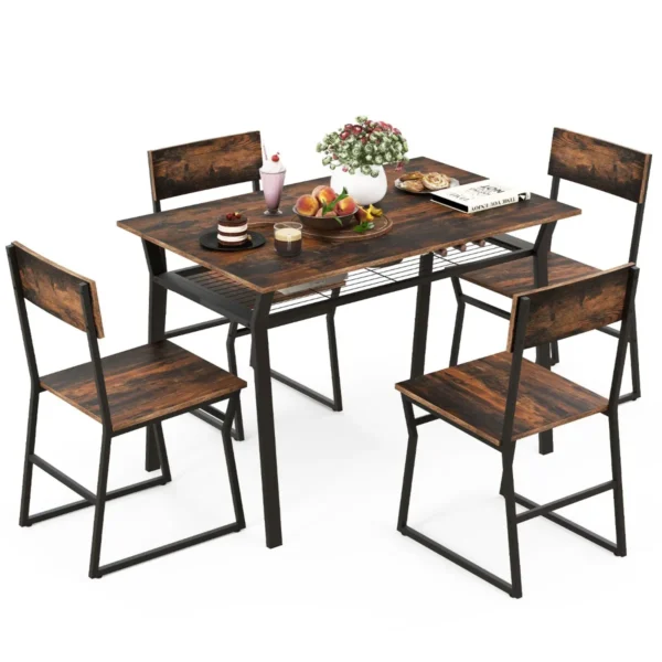 5-Delige Eettafel Set Rechthoekige Keukentafel Met 4 Stoelen Opbergplank Metalen Frame Ruimtebesparende Set Voor Eetkamer Bruin