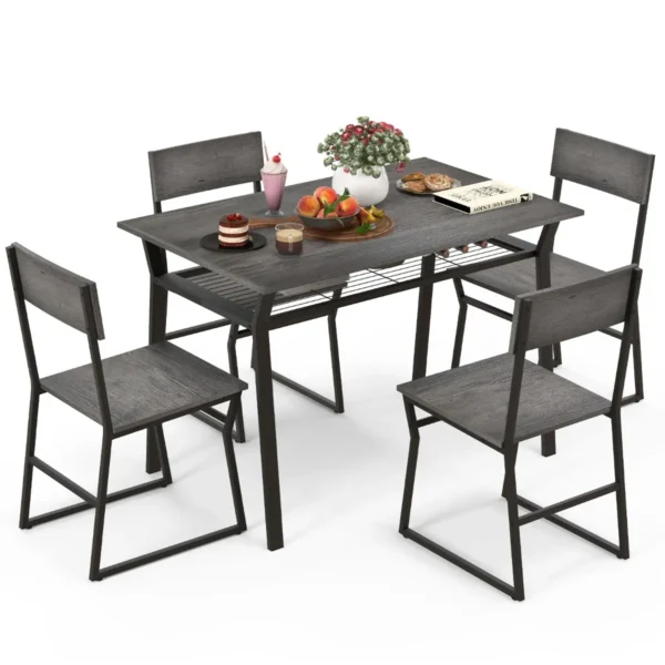 5-Delige Eettafel Set Rechthoekige Keukentafel Met 4 Stoelen Opbergplank Metalen Frame Ruimtebesparende Set Voor Eetkamer Grijs