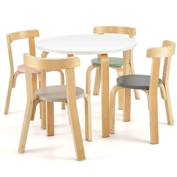 5-Delige Gebogen Houten Tafel En Stoelenset Voor Kinderen Activiteitentafel Met 4 Stoelen Kindermeubilair Om Te Spelen/Tekenen/Lezen