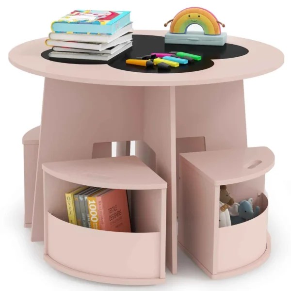 5-Delige Kindertafel- En Stoelset Ronde Tafel Met Stapelbare Activiteitenkrukken Voor Spelletjes Lezen Voor Speelkamer-Roze