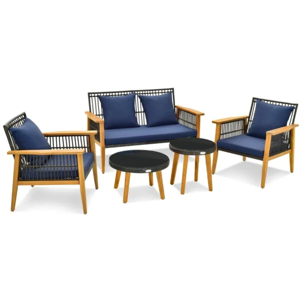 5-Delige Set Buitenmeubilair Set Rotan Stoelen En 2 Salontafels Frame Van Acaciahout Zit- En Rugkussens Rieten Meubilair Voor Tuin Terras