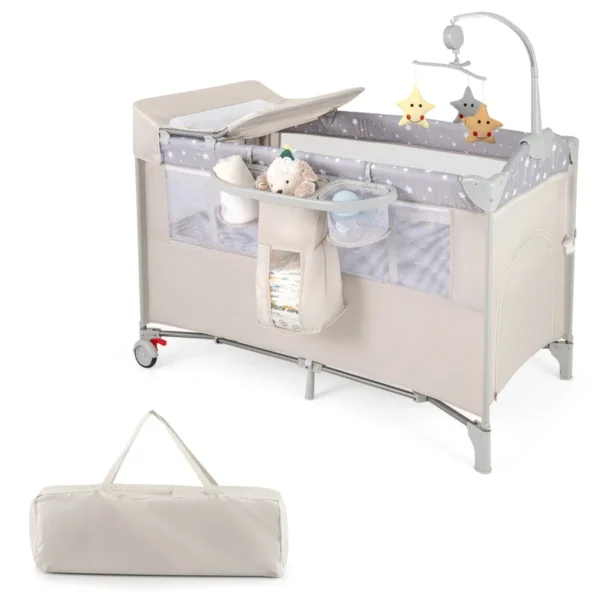 5 In 1 Babybed Met Matras En Afneembare Luiertafel Kinderbed Met Muziekdoosje En Hangend Speelgoed In Hoogte Verstelbaar Beige