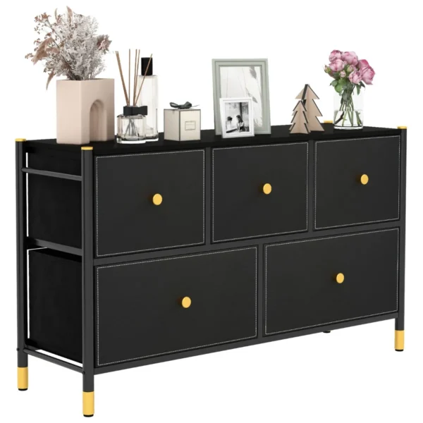 5-Laden Stoffen Commode Met Metalen Frame Vrijstaande Opbergkast Voor Woonkamer Garderobe Hal Houten Handvat Zwart