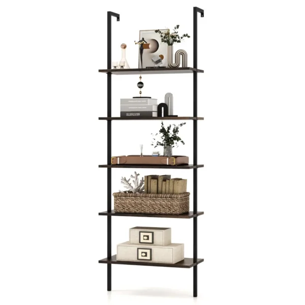 5-Tier Ladder Plank Muur Plank Met Stalen Structuur Elegante Boekenkast Open Opslag Planken Grote Bloem Stand Voor Woonkamer Bruin