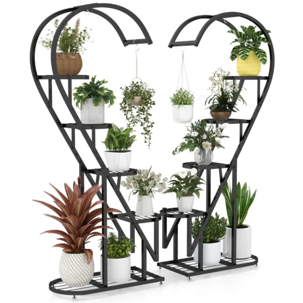 5-Vaks Metalen Plantenstandaard Bloemenstandaard Met Haak Ladder En Half-Hart Plantenstandaard 71 X 30,5 X 148 Cm Zwart