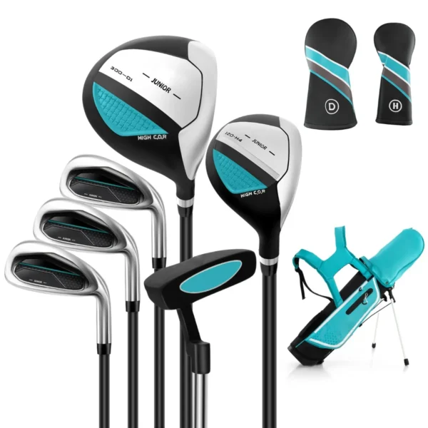 6-Delige Kindergolfclubset Met Golftas En Regenhoes Complete Golfset Incl. 7/9/S Ijzer 1 Driver 4 Hybride Putter Blauw