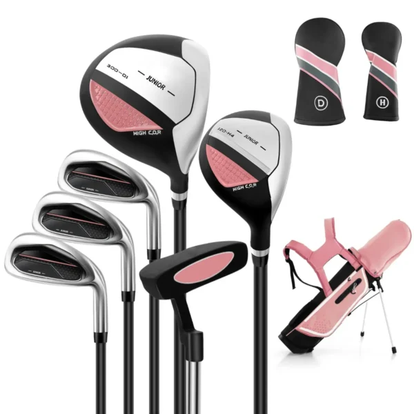 6-Delige Kindergolfclubset Met Golftas En Regenhoes Complete Golfset Incl. 7/9/S Ijzer 1 Driver 4 Hybride Putter Roze
