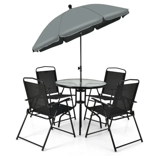 6 Delige Terrasmeubel Set Gehard Glazen Top Salontafel En 4 Inklapbare Stoelen Patio Dineren Set Met Paraplu Voor Gazon Dek Zwembad