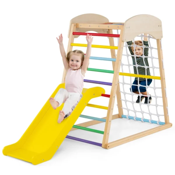 6-In-1 Houten Speeltoestel Met Dubbelzijdige Hellingbaan Klimrek Klimnet Klimladder Montessori Indoor Klimspeelset Vloerankers