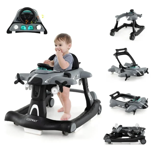 6-In-1 Loophulp Loopwagen Met Verstelbare Hoogte En Snelheid Babywalker Vliegtuigmotief Met Afneembaar Muziekdoosje-Grijs
