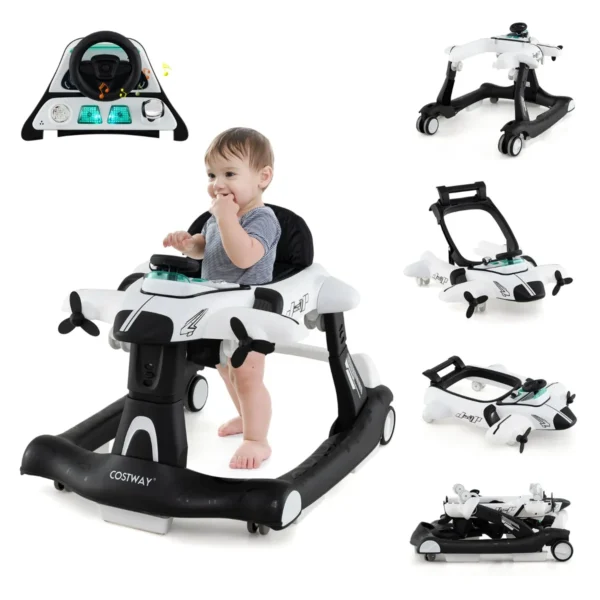 6-In-1 Loophulp Loopwagen Met Verstelbare Hoogte En Snelheid Babywalker Vliegtuigmotief Met Afneembaar Muziekdoosje-Wit