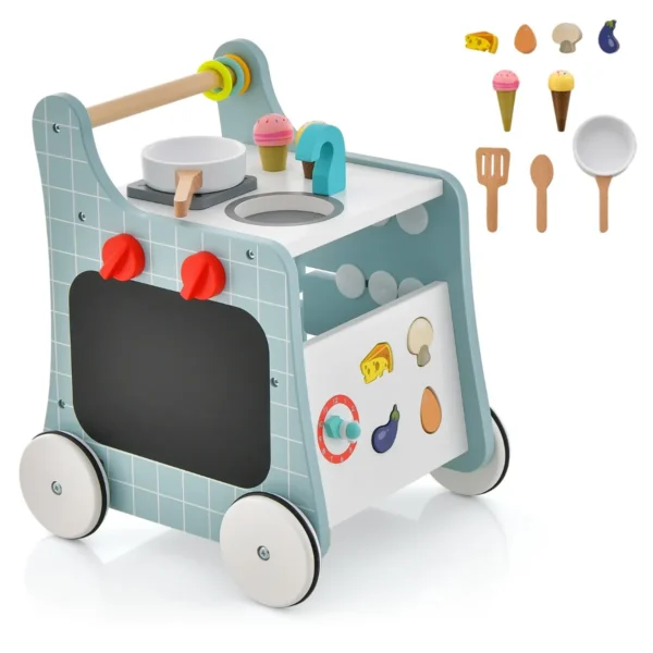 6-In-1 Loopwagen Van Hout Met Speelkeuken Leerklok Aanpassing En Beweegbare Schuiver Kinderkeuken Babywalker Met Wielen
