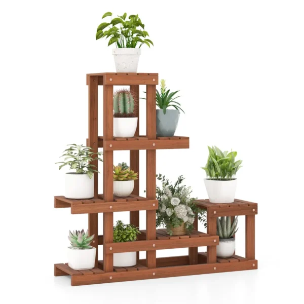 6-Tier Houten Plant Stand Plant Plank Hoge En Lage Structuur Binnen En Buiten Bloempot Stand 90 X 25 X 91,5 CM