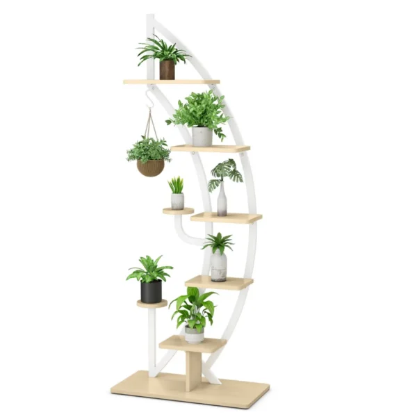 7-Lagen Hoge Metalen Plantenrek Gebogen Halve Maan Vorm Ladder Plantenrek Moderne Bloempot Houder Metalen Bloemenrek Wit