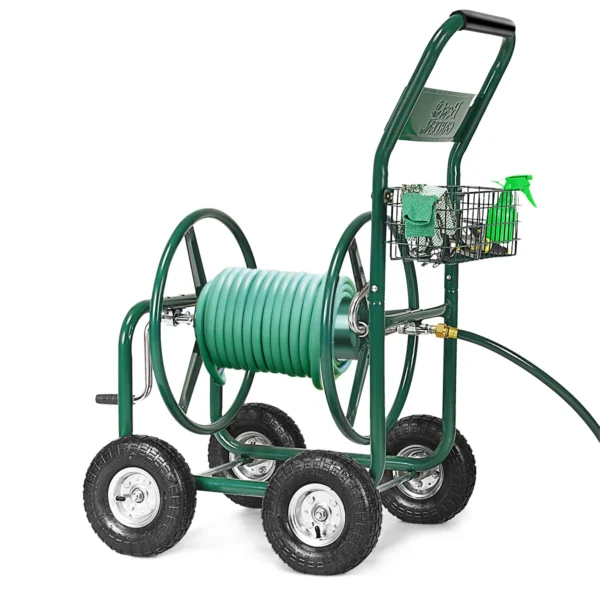 80M Slangwagen Tuinslangwagen Voor 5/8” Slang Slanghaspel Met Mand Slanghouder Metaal Slanghaspel Met 189cm Aansluitslang