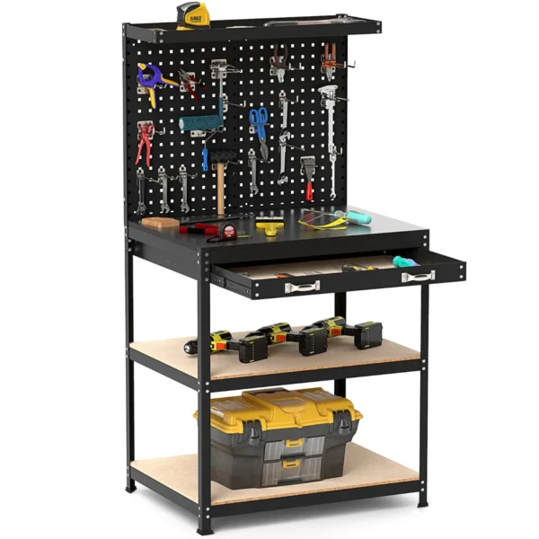 81 X 41 Cm Werkbank Robuuste 225 Kg Werktafel Met 2 Geperforeerde Panelen Lade Planken 20 Ophanghaken Voor Thuis Garage-Zwart