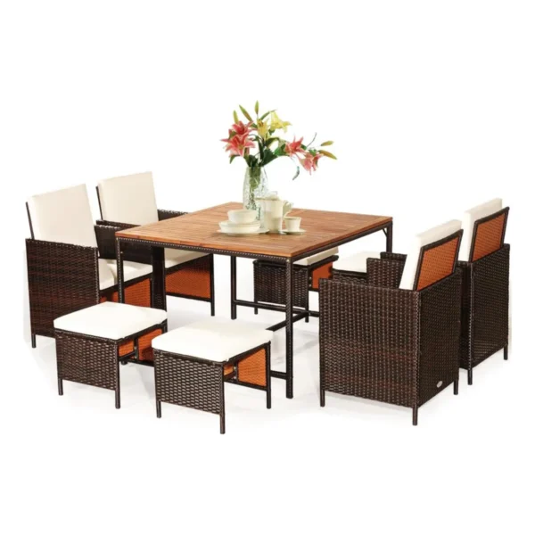 9-Delige Polyrotan Set Rotan Meubels Tuin Eetzitgroep Met Tafel Inklapbare Stoel & Voetenbank Tuinmeubelen