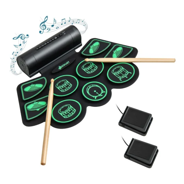 9 Pads E-Drum Elektronische Drumset Roll-Up Trommel Incl. 2 Pedalen En 2 Drumsticks Voor Kinderen En Beginners Groen