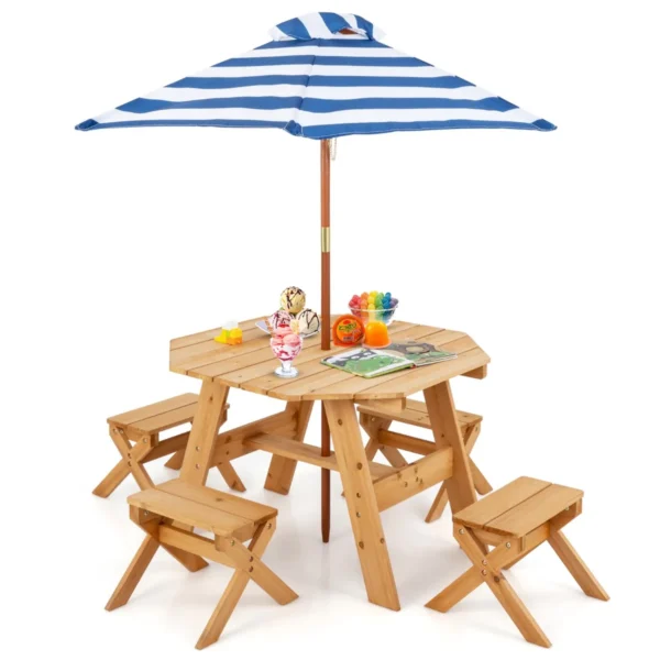 Achthoekige Houten Placemat Picknicktafel Voor Kinderen Met 4 Stoelen En In Hoogte Verstelbare Parasol Houten Zitgroep-Natuur