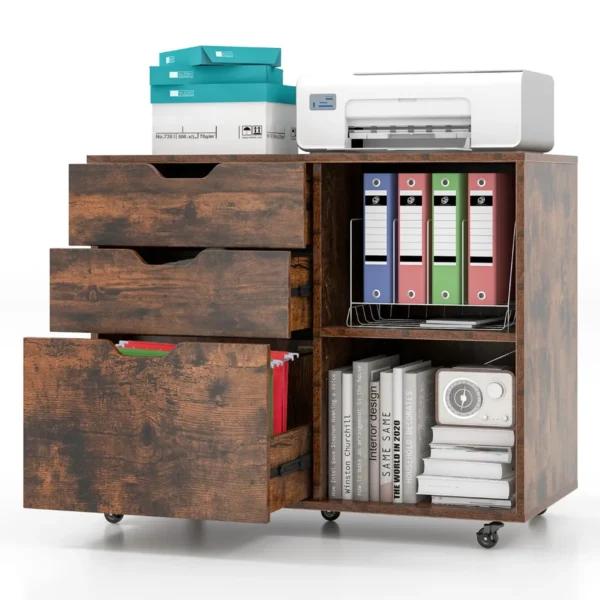 Archiefkast Met 3 Laden Verrijdbaar Printerstatief Met Verstelbare Plank Lateraal Archiefkast Op Wieltjes Legal Formaat-Bruin