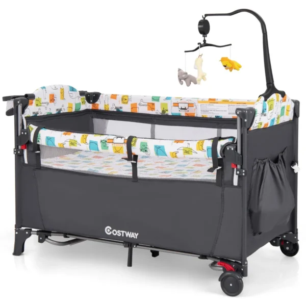 Baby Ledikant 5-In-1 Converteerbaar Babybedje Met Verschoontafel Opbergzak Hangend Speelgoed & Draagtas Grijs