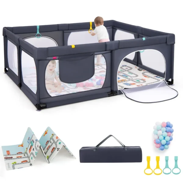 Babybox 189 X 158 Cm Box Met 50 Speelballen 4 Trekringen En 4 Ritsdeur Kruipruimte Met Ademend Net Voor Peuters ( Met Matras Donkergrijs)