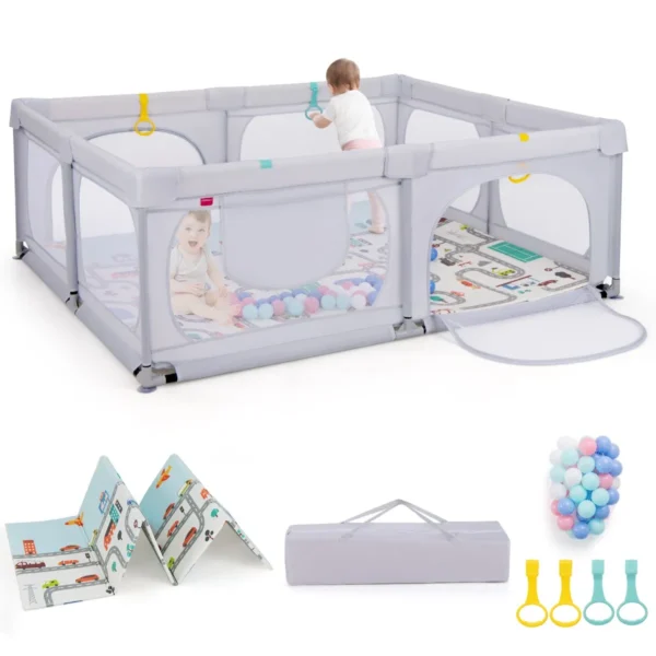 Babybox 189 X 158 Cm Box Met 50 Speelballen 4 Trekringen En 4 Ritsdeur Kruipruimte Met Ademend Net Voor Peuters (met Matras Lichtgrijs)