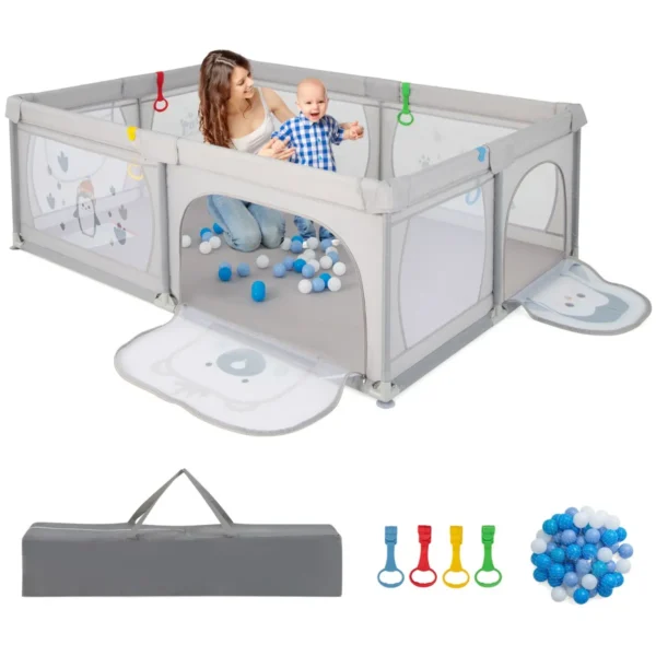 Babybox 206 X 147 Cm Opvouwbaar Box Met 50 Ballen 2 Deuren Zijvak Ademend Net En Ritssluiting Box Voor Zuigelingen En Peuters