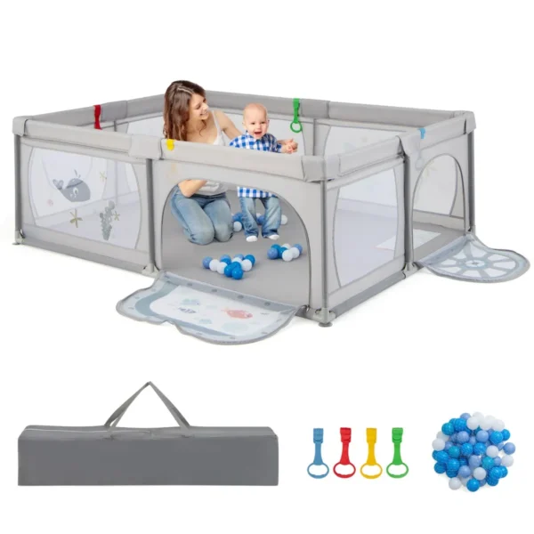 Babybox 206 X 147 Cm Opvouwbaar Box Met 50 Ballen 2 Deuren Zijvak Ademend Net En Ritssluiting Box Voor Zuigelingen En Peuters Grijs