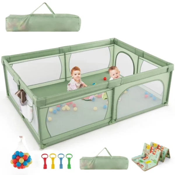 Babybox Met 50 Ballen En 2 Deuren Box Met Ademend Net En Ritssluiting Box Voor Zuigelingen En Peuters 206 X 147 Cm (Groen Met Matras)