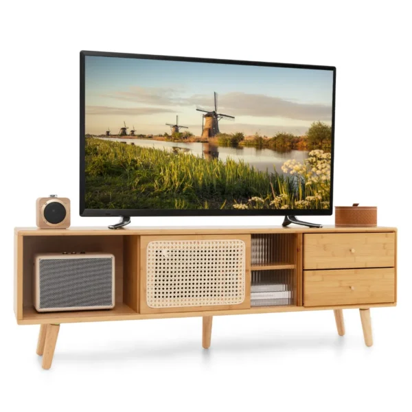 Bamboe TV-Meubel Voor TV's Tot 65 Inch 2-In-1 TV-Kast & Opbergkast Lengte 140 Cm Klein Kastje In Natuurlijke Stijl