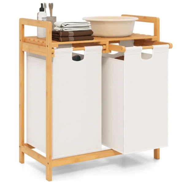 Bamboe Wasmand Met Twee Compartimenten 2-Sectie Wasserij Sorter Mand Met Afneembare Glijdende Zakken & Bovenste Plank Wit