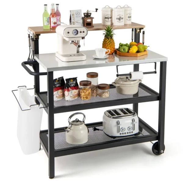 Bar Trolley Op Wielen Met Klaptafel Mobiele Pizza Oven Standaard Haken Handdoekhouder Vuilniszakhouder Barbecue Trolley
