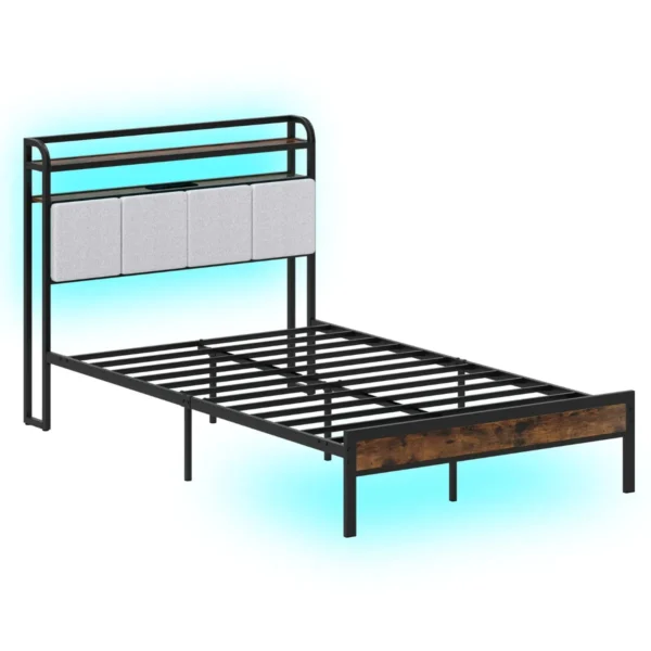 Bedframe Met Ledverlichting En Oplaadstation Metalen Platformbed Met Linnen Gestoffeerd Hoofdeinde En 2-Laags Opbergruimte Bruin