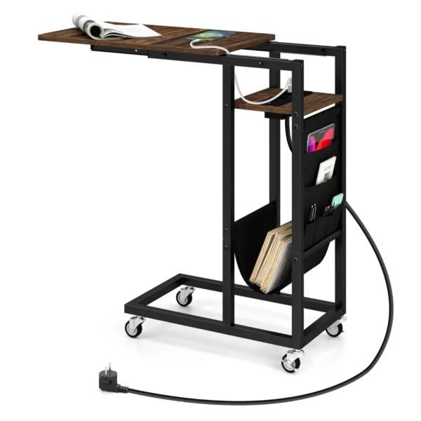 Bijzettafel C-Vormig Met Laadstation Banktafel Met Uittrekbaar Tafelblad En Zijvak Salontafel Met Wieltjes Koffietafel -Bruin