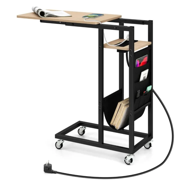 Bijzettafel C-Vormig Met Laadstation Banktafel Met Uittrekbaar Tafelblad En Zijvak Salontafel Met Wieltjes Koffietafel-Grijs