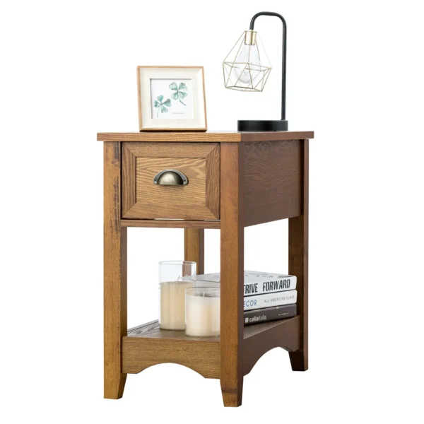 Bijzettafel Met Lade En Plank 2 Verdiepingen Tellende Sofatafel Smal Nachtkastje Koffietafel Voor Woonkamer Slaapkamer (Geelbruin)