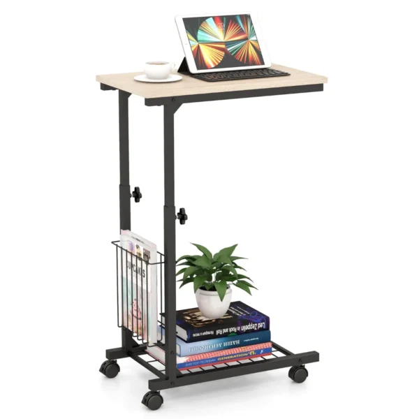 Bijzettafel Met Wieltjes Laptoptafel In Hoogte Verstelbaar Met Opbergmand Banktafel Bedtafel Metalen Frame 50 X 30 X 80 Cm (Natuur)