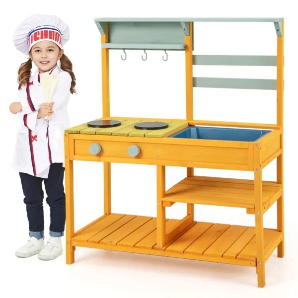 Buiten Modderkeuken Voor Kinderen Hout Met Waterfunctie Speelkeuken Voor Kinderen Met Haak En Afneembaar Rek Tuinkeuken-Oranje