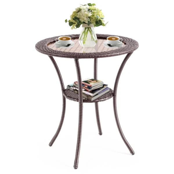 Buiten Ronde Eettafel Patio Bistro Tafel Met Gehard Glazen Tafelblad En Opbergplank 64 X 64 X 72CM Bruin