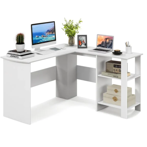 Bureau L-Vorm Hoekbureau Met 2 Kabellaten En Opbergvakken Hoektafel Computertafel Bureautafel Voor Thuis Of Kantoor (Wit)