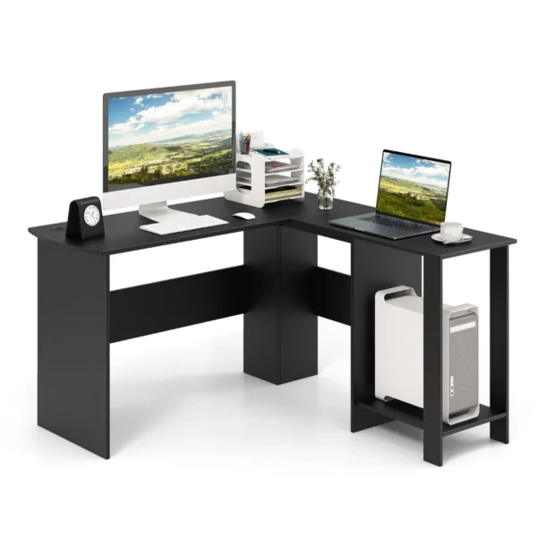 Bureau L-Vorm Hoekbureau Met 2 Kabellaten En Opbergvakken Hoektafel Computertafel Bureautafel Voor Thuis Of Kantoor (Zwart)